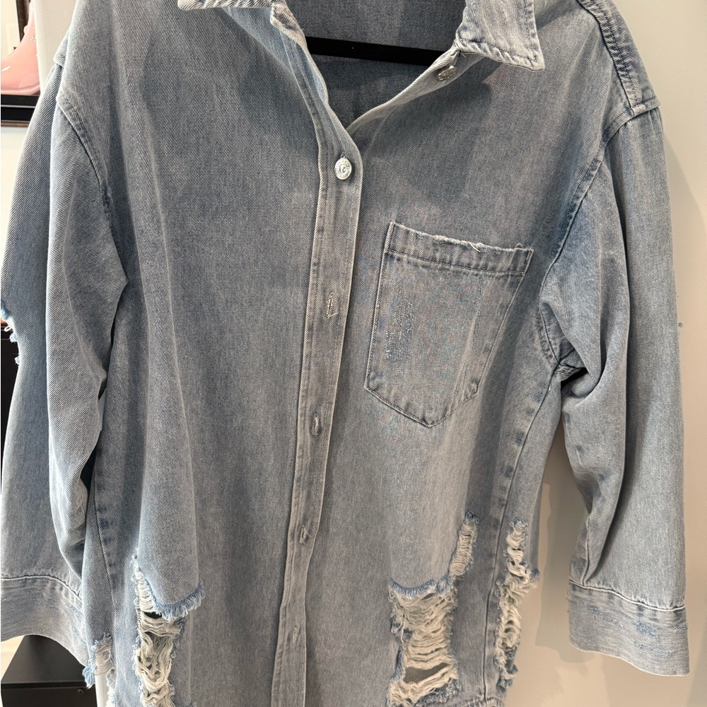 Distressed Light Blue Denim Jacket with hand painted design